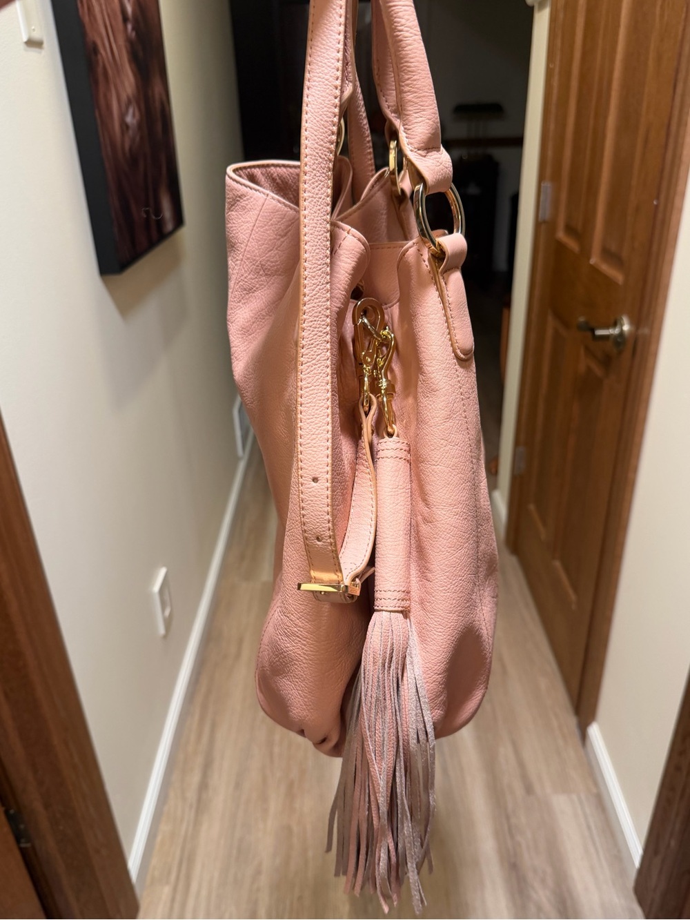 G.I.L.I Pebble Leather Tassel Convertible Hobo Bag Dust Pink/Blush - Picture 10 of 16